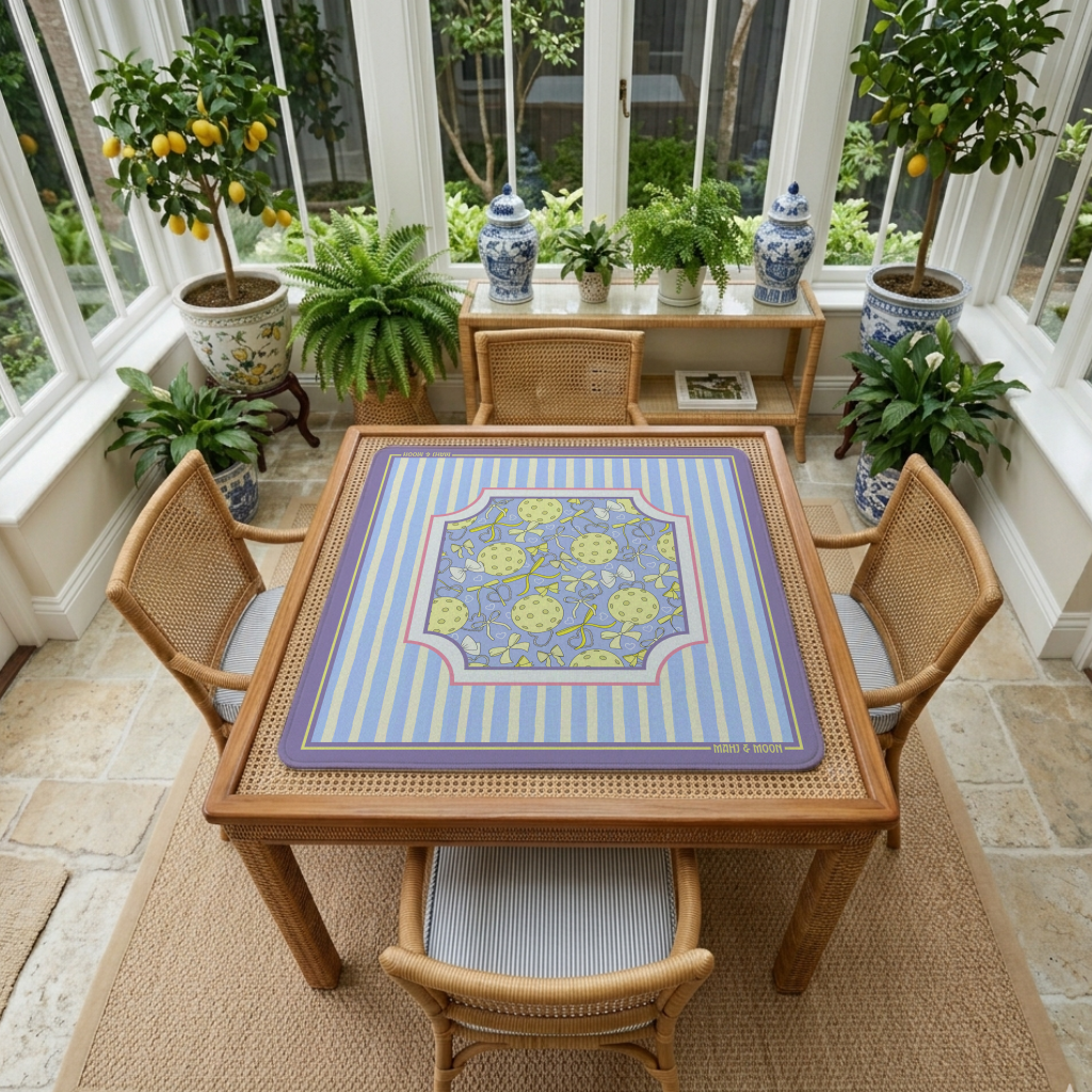 Pickleball Mahjong Mat | Preppy Bow & Lavender Stripe Design