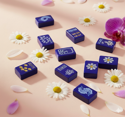 Petal Parade Mahjong Tile Set - Blue Floral Mahjong Tiles, Unique Modern Mahjong Game Accessories
