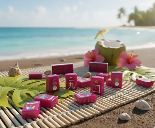 Miniature mahjong set on a woven mat with tropical decorations by the beach