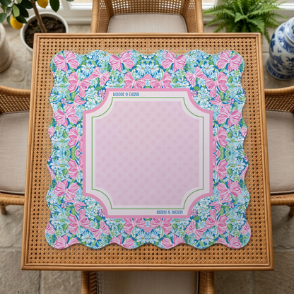 Scalloped Bow Garden Mahjong Mat – Pink & Blue Floral Mahjong Table Mat