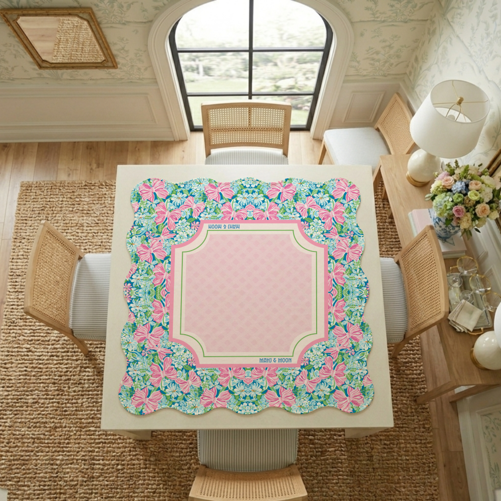 Scalloped Bow Garden Mahjong Mat – Pink & Blue Floral Mahjong Table Mat