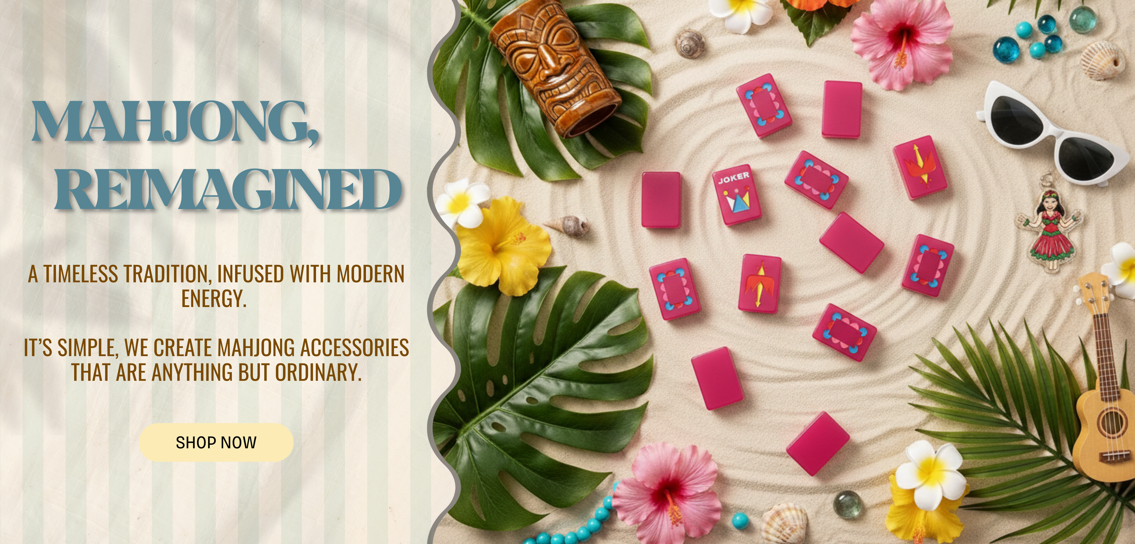 Mahjong pieces with decorative elements on a sandy background, promoting a reimagined version of the game.