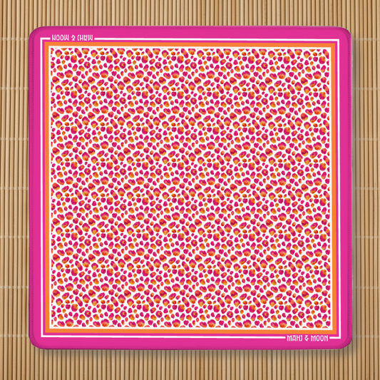 Pink Leopard Mahjong Mat with vibrant fuchsia, coral and orange leopard print, premium American Mahjong playing mat with non-slip rubber backing.