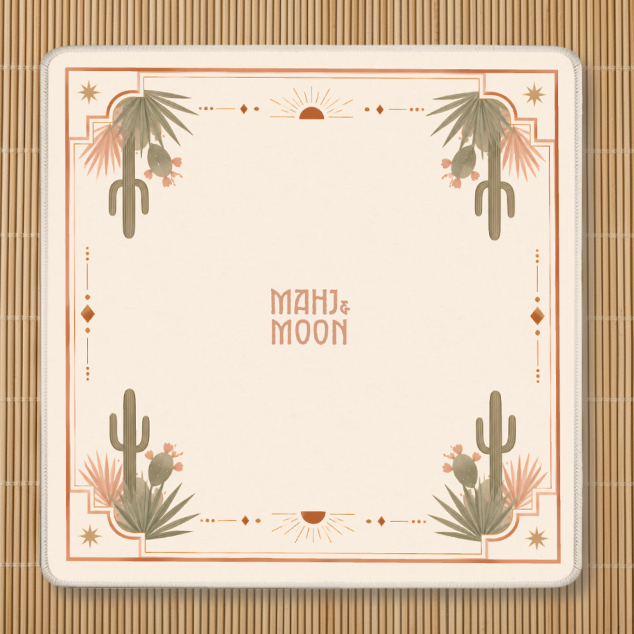 Desert American Mahjong mat with cactus corners, terracotta Art Deco border and neutral playing surface.