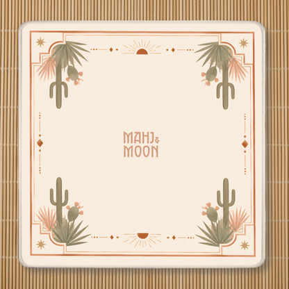Desert American Mahjong mat with cactus corners, terracotta Art Deco border and neutral playing surface.