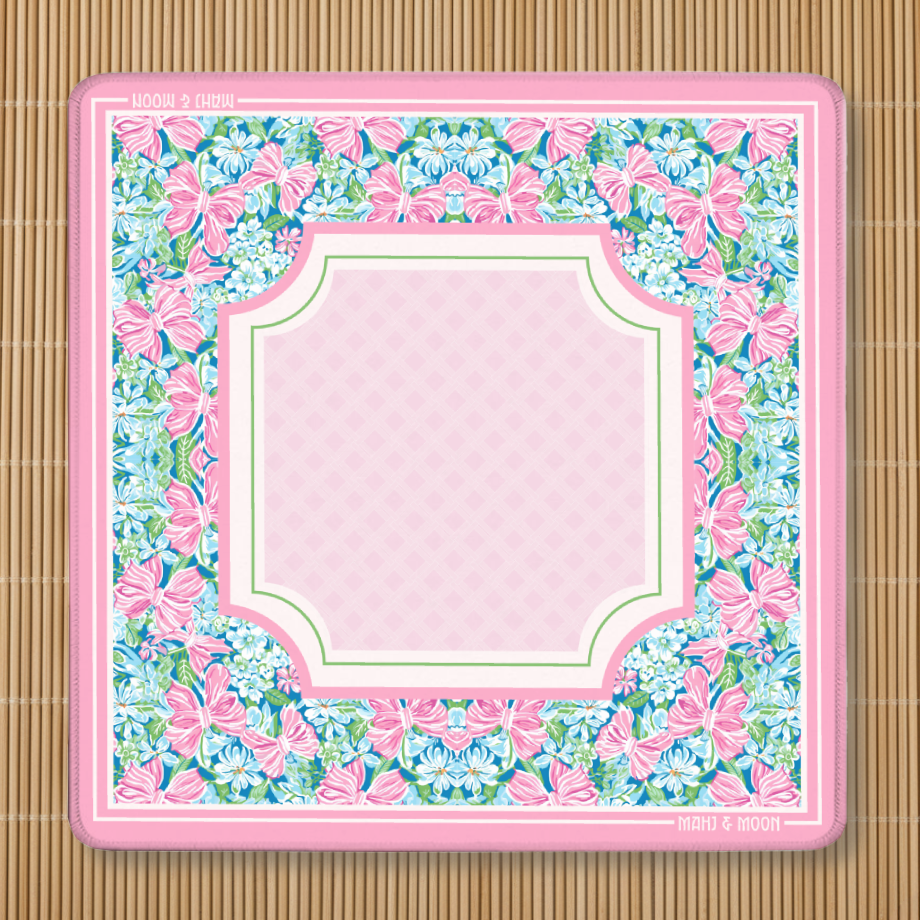 Pink blue and green Floral bow patterned Mahjong Mat with pink border and pale center