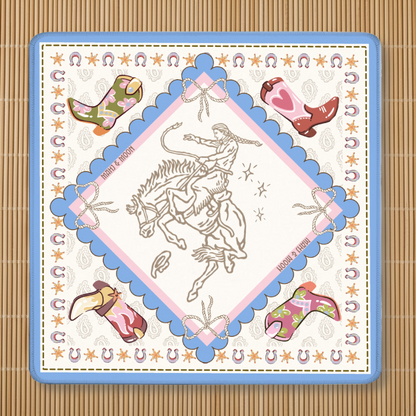 A bold Mahjong Mat featuring a cowgirl riding a horse, surrounded by boot and horseshoe patterns.