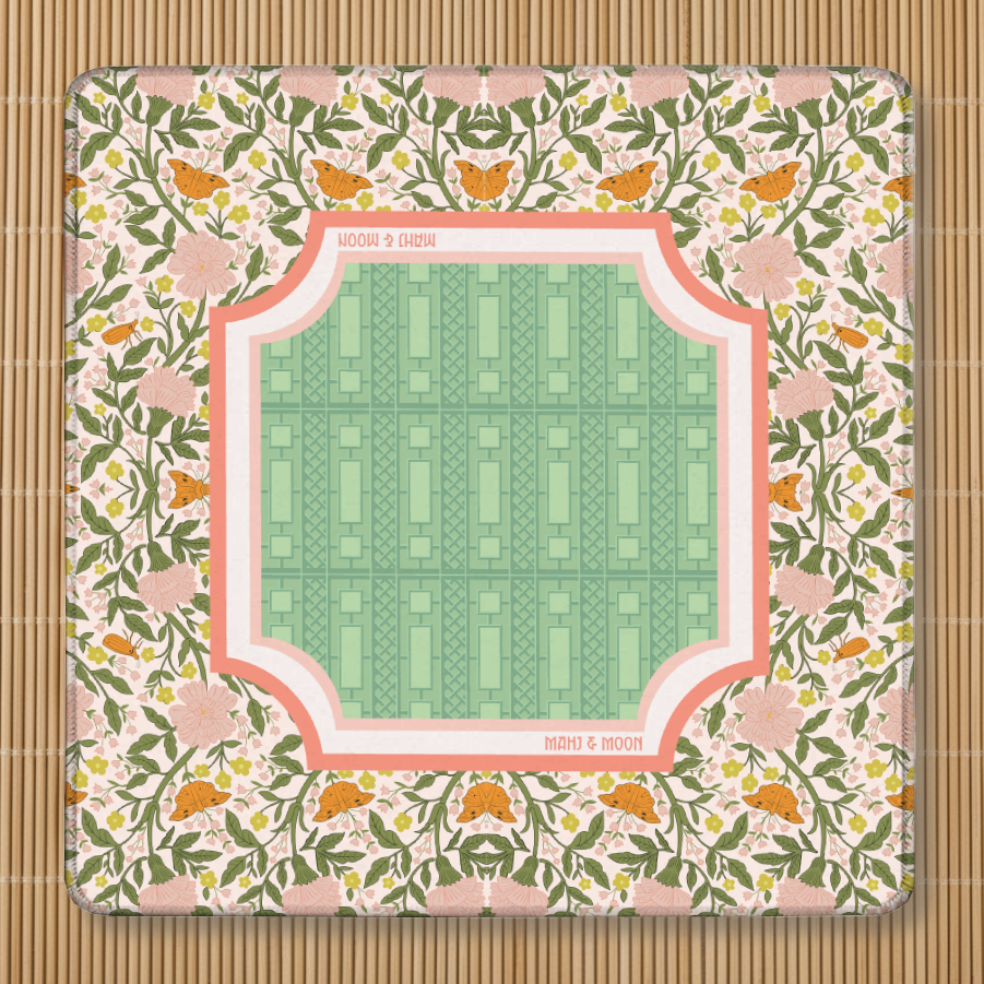 Botanical Butterfly Mahjong Mat | Floral Garden Design in Pink & Green
