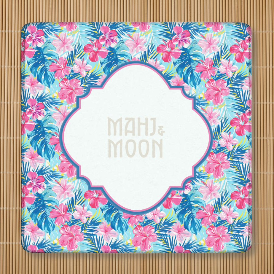 Tropical Hibiscus Mahjong Mat | Pink & Blue Palm Print Mahjong Mat