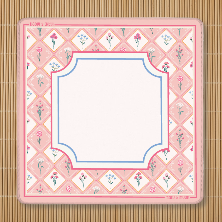 Pink Wildflower American Mahjong mat with vintage botanical floral border and blush playing centre.