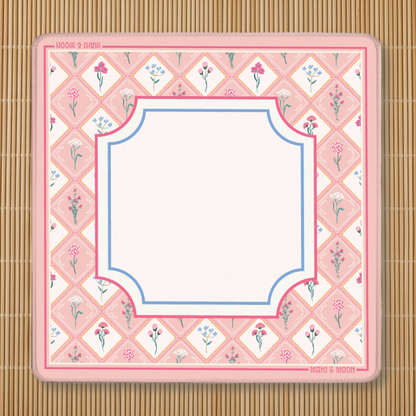 Pink Wildflower American Mahjong mat with vintage botanical floral border and blush playing centre.