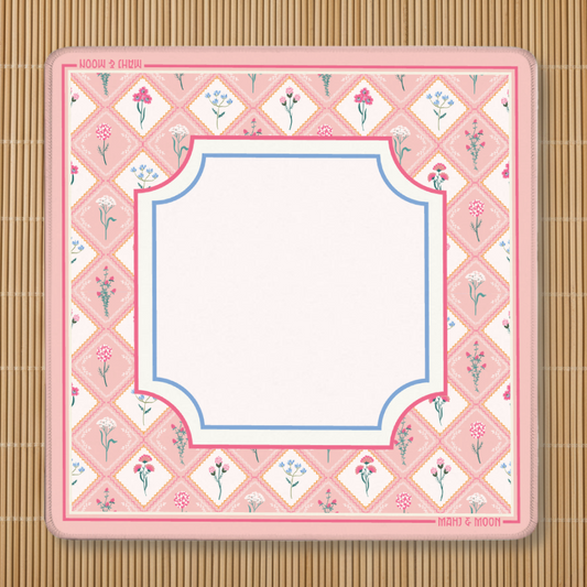 Pink Wildflower American Mahjong mat with vintage botanical floral border and blush playing centre.