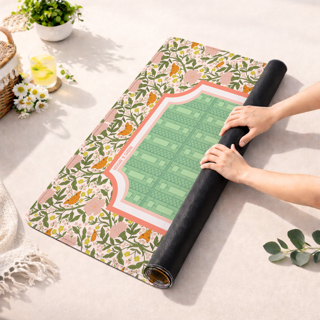 Botanical Butterfly Mahjong Mat | Floral Garden Design in Pink & Green
