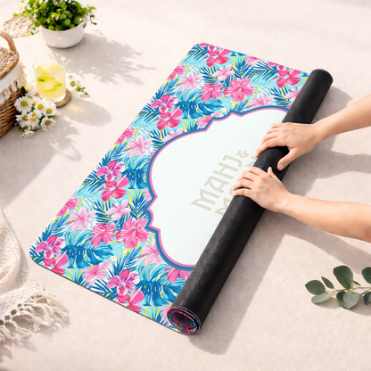 Tropical Hibiscus Mahjong Mat | Pink & Blue Palm Print Mahjong Mat