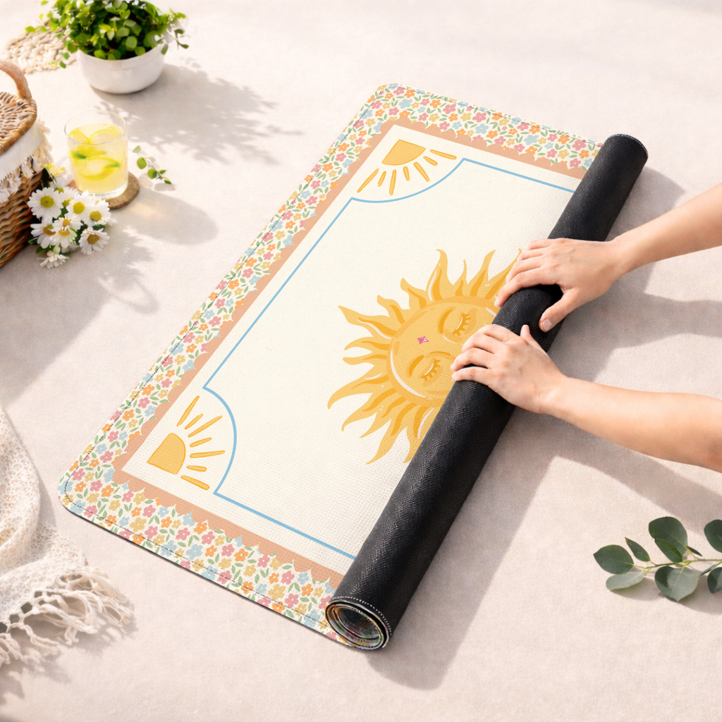 Celestial Sun Mahjong Mat | Boho Sunshine Mahjong Mat in Peach & Yellow