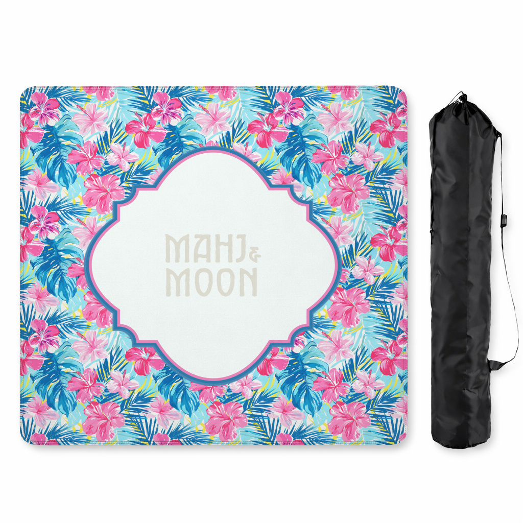 Tropical Hibiscus Mahjong Mat | Pink & Blue Palm Print Mahjong Mat